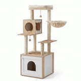 Cat tree with multiple levels and a white base on a white background