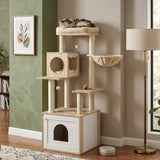 Cat tree in a living room with a cat resting on top